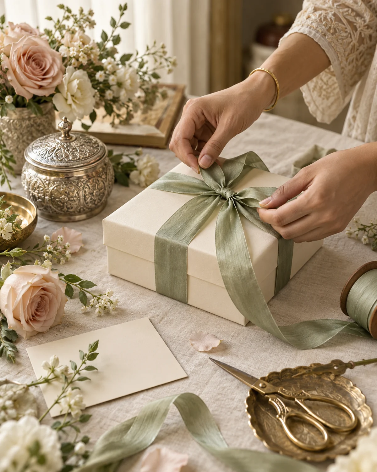 A gifting worktable with hands tying sage ribbon around an ivory gift box, flowers and silver keepsakes